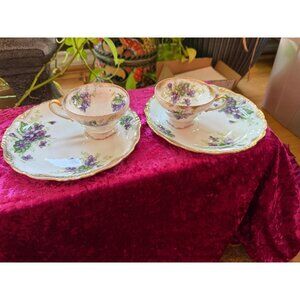 Vintage Fine Bone China Teacup & Saucer Set Purple Florlal. Old Gold Japan MARK